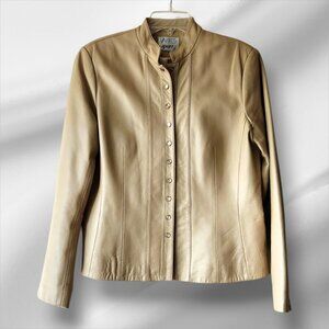 Vakko Women's Sz L Leather Jacket Casual Sports Coat Snap Button Blazer Tan Snap